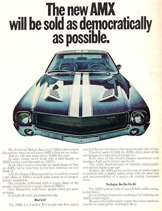 Period magazine advertisement showing a blue 1968 AMC AMX with white stripes head-on above ad copy