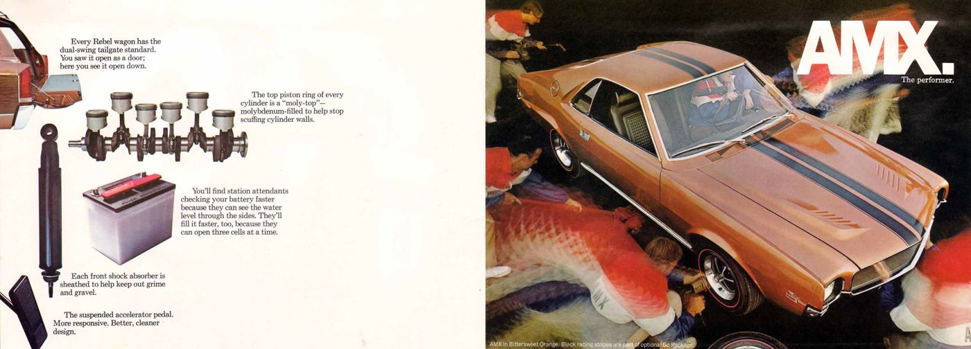 Brochure spread with a copper 1969 AMX with black stripes at right and suspension, battery and engine parts at left