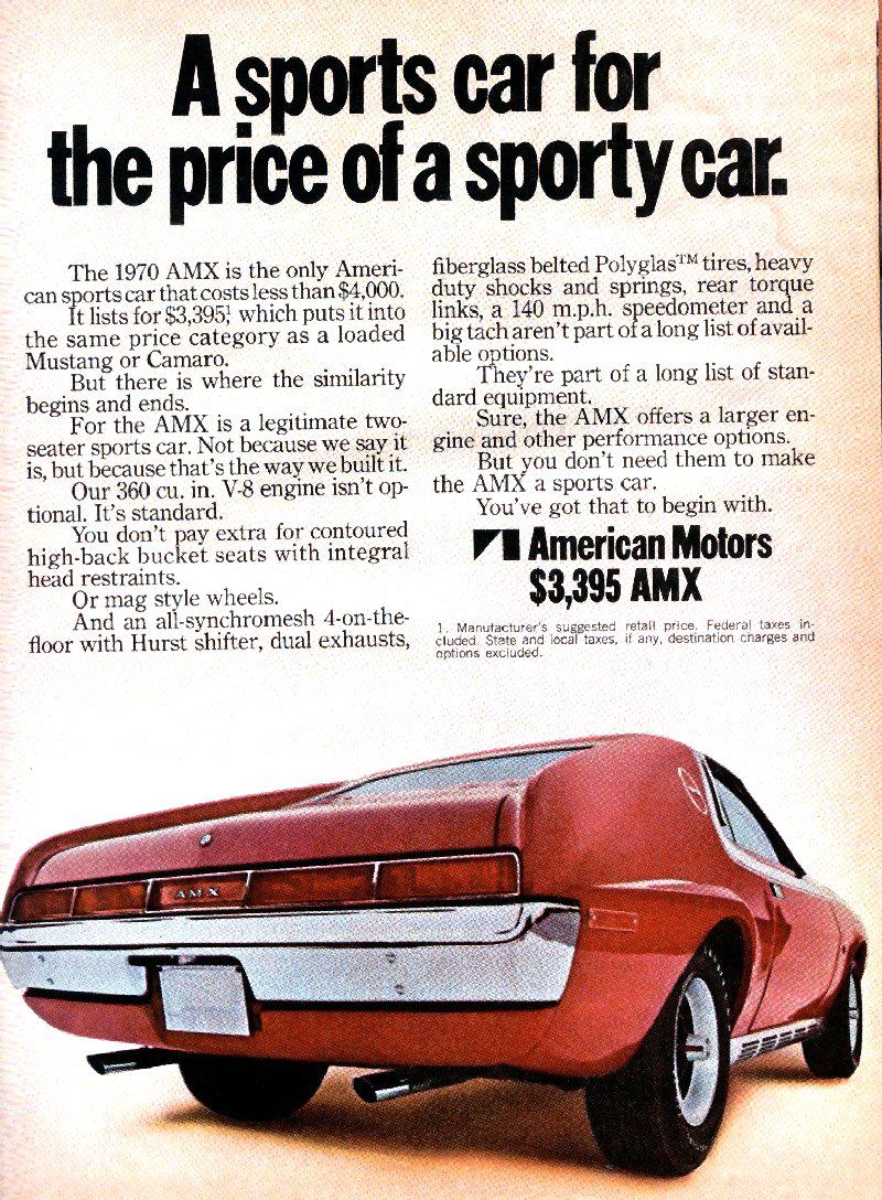 Period advertisement with the $3,395 price headline and a red 1970 AMX seen from the rear