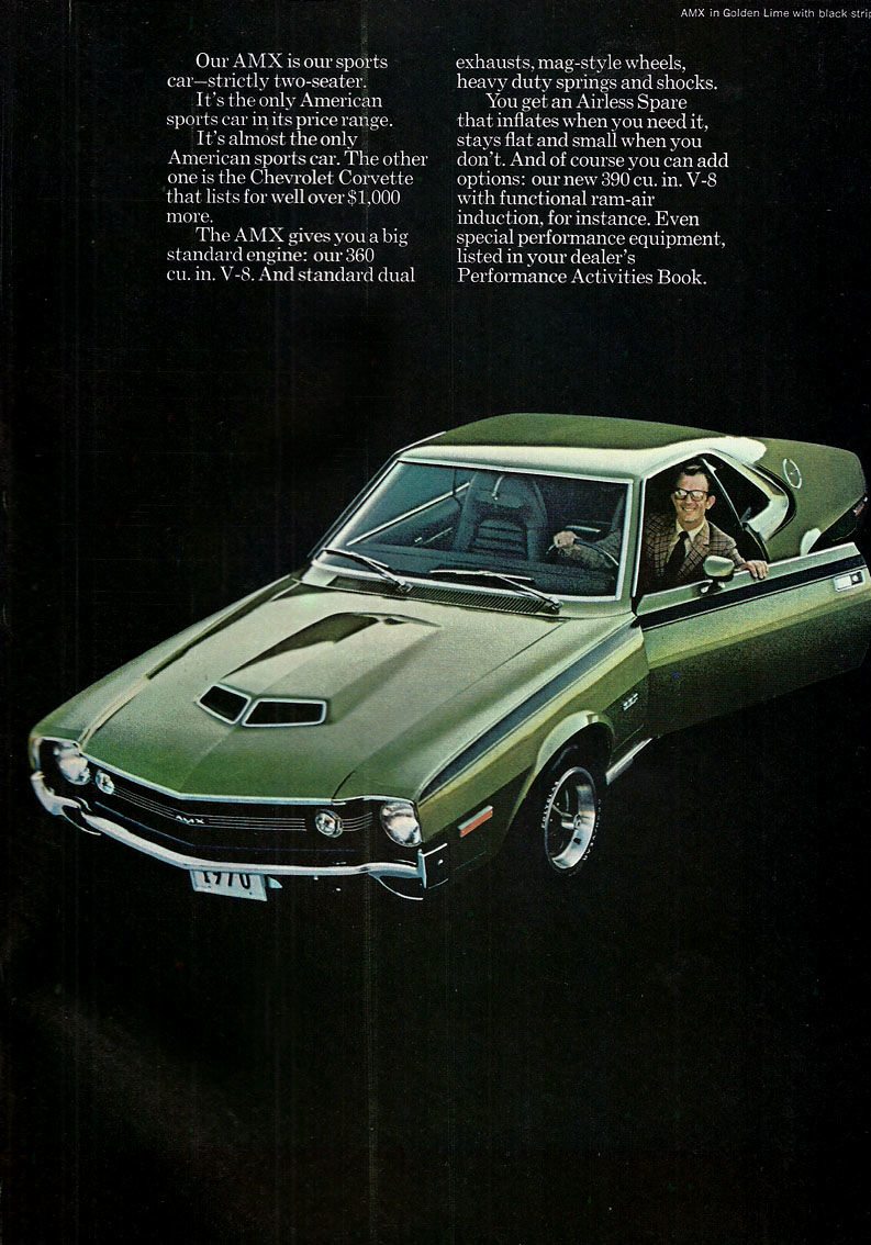 Brochure page showing a green 1970 AMC AMX with the 1970 power-blister hood and a driver, on a black background, with copy on the standard 360 V8