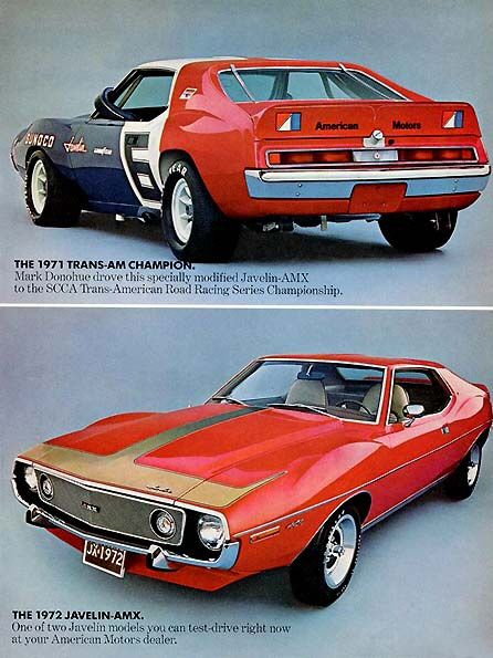 Advertisement pairing Mark Donohue's red, white and blue Trans-Am Javelin-AMX race car (rear view) with a red 1972 Javelin-AMX road car