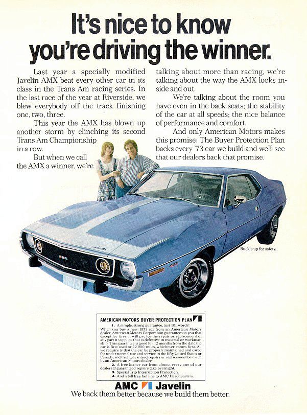 Advertisement with a light-blue 1973 Javelin AMX and a couple beside it; copy cites the Trans-Am championship