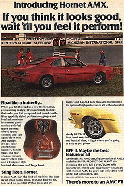 Advertisement showing a red 1977 Hornet AMX hatchback at Michigan International Speedway, with dash and wheel insets