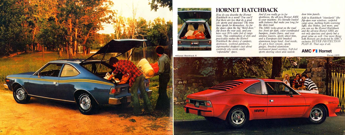 Brochure spread showing a red 1977 Hornet AMX hatchback with body-colour bumpers and AMX graphics, beside a blue Hornet hatchback