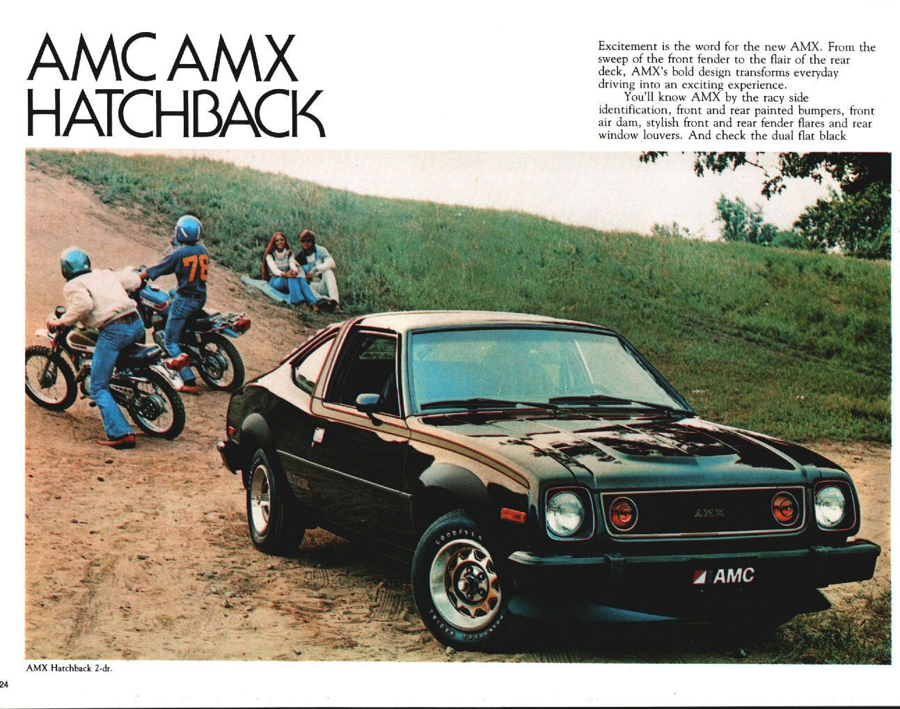Brochure page with a black Concord-based 1978 AMC AMX hatchback on a dirt track, with dirt bikers behind