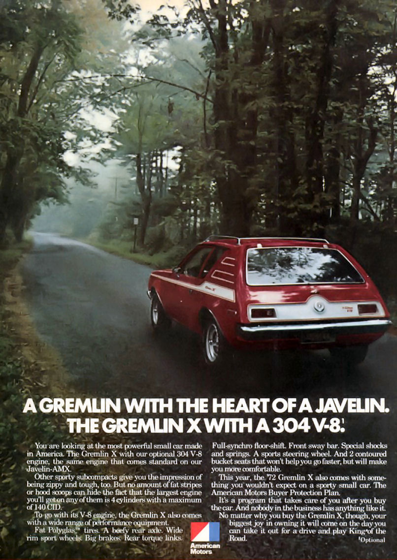 Advertisement showing a red 1972 Gremlin X with side stripes from the rear three-quarter on a wooded road