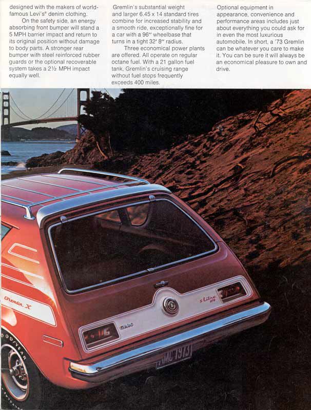 Brochure page with a red 1973 Gremlin X with hockey-stick stripe, seen from above and behind near the Golden Gate Bridge