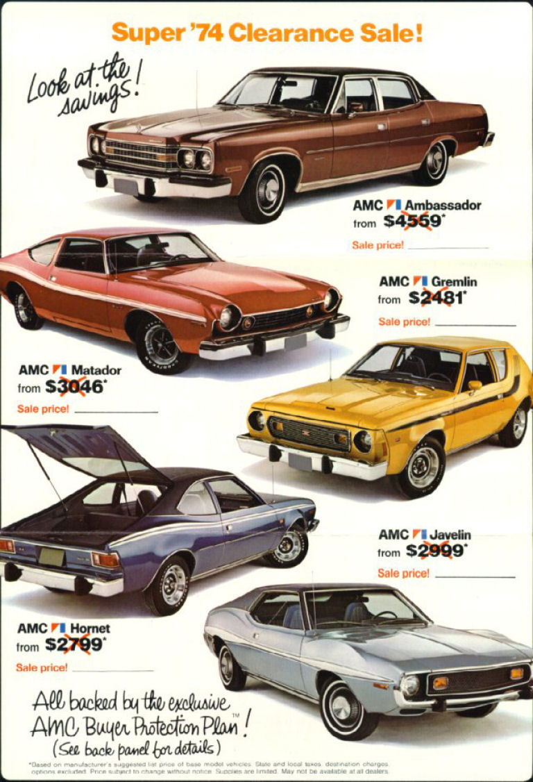 Advertisement with the 1974 AMC lineup; a yellow 1974 Gremlin X with stripes is shown among Ambassador, Matador, Javelin and Hornet