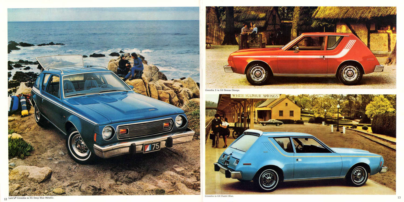 Brochure spread with a blue 1975 Gremlin at a rocky shore and, at right, a red Gremlin X with stripes and a light-blue Gremlin