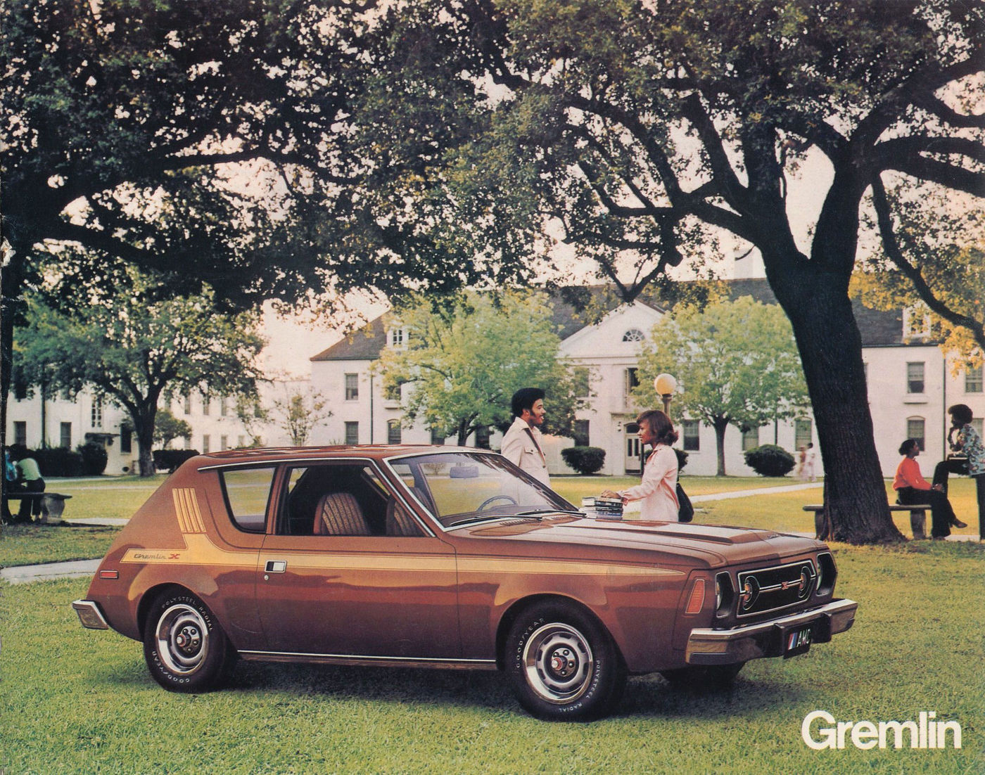 Brochure page with a brown 1976 AMC Gremlin X with side stripe on a lawn, a couple talking beside it