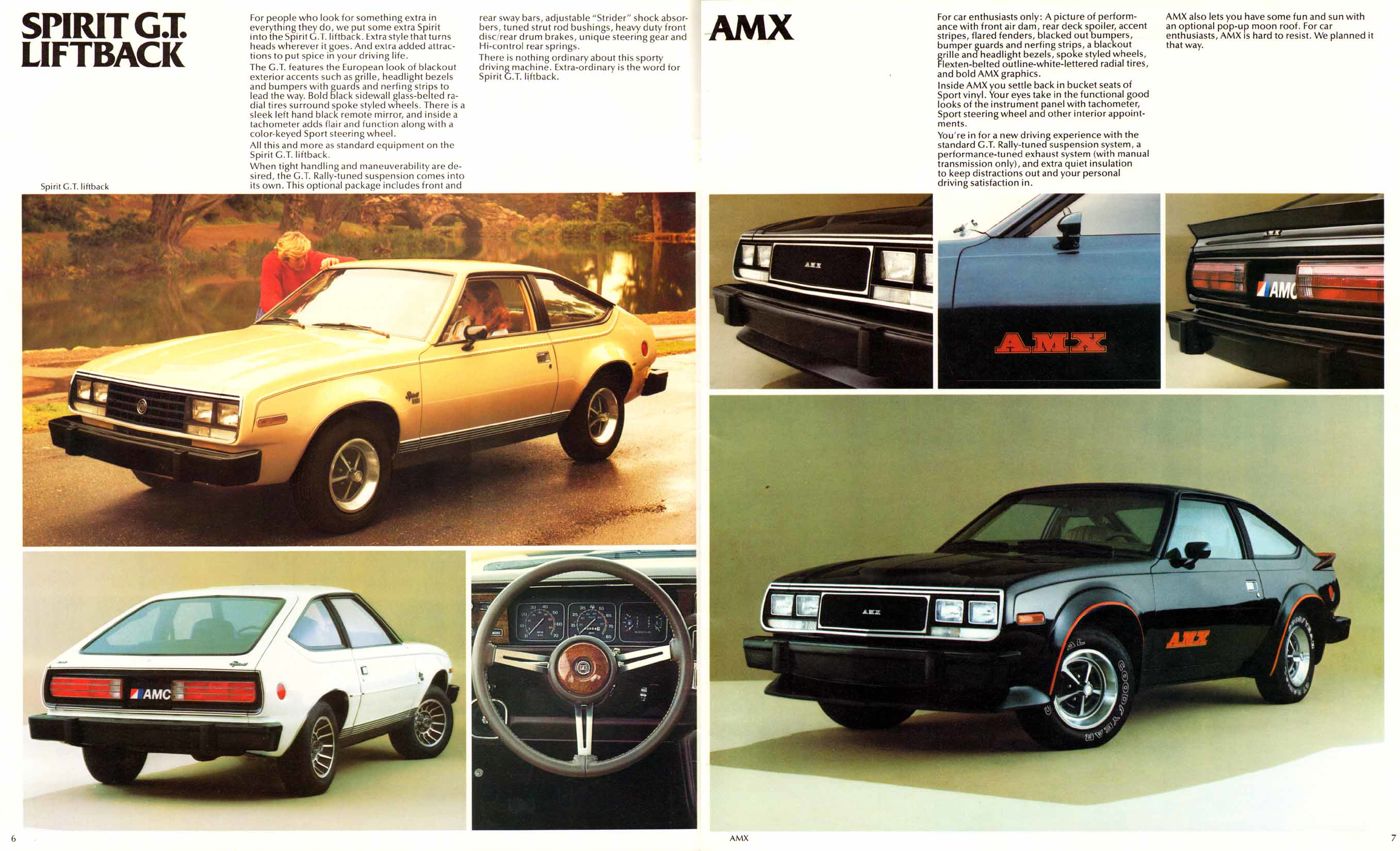 Brochure spread with a yellow Spirit GT liftback at left and a black 1980 Spirit AMX with AMX graphics and detail photos at right