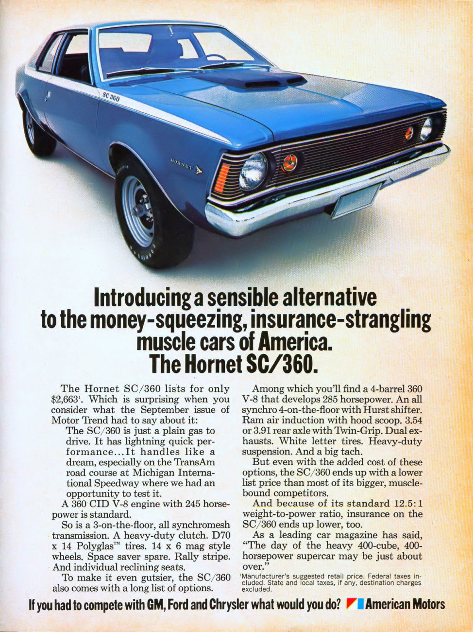 Advertisement showing a blue 1971 Hornet SC/360 with white stripe and hood scoop above copy about insurance costs