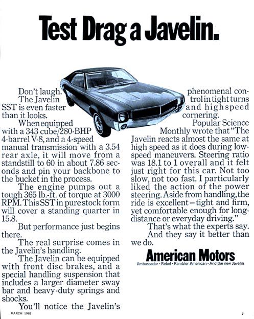 Advertisement headed "Test Drag a Javelin" with a line drawing of a 1968 Javelin SST and copy about its 343 cube 280-bhp V8 and 15.8-second quarter mile
