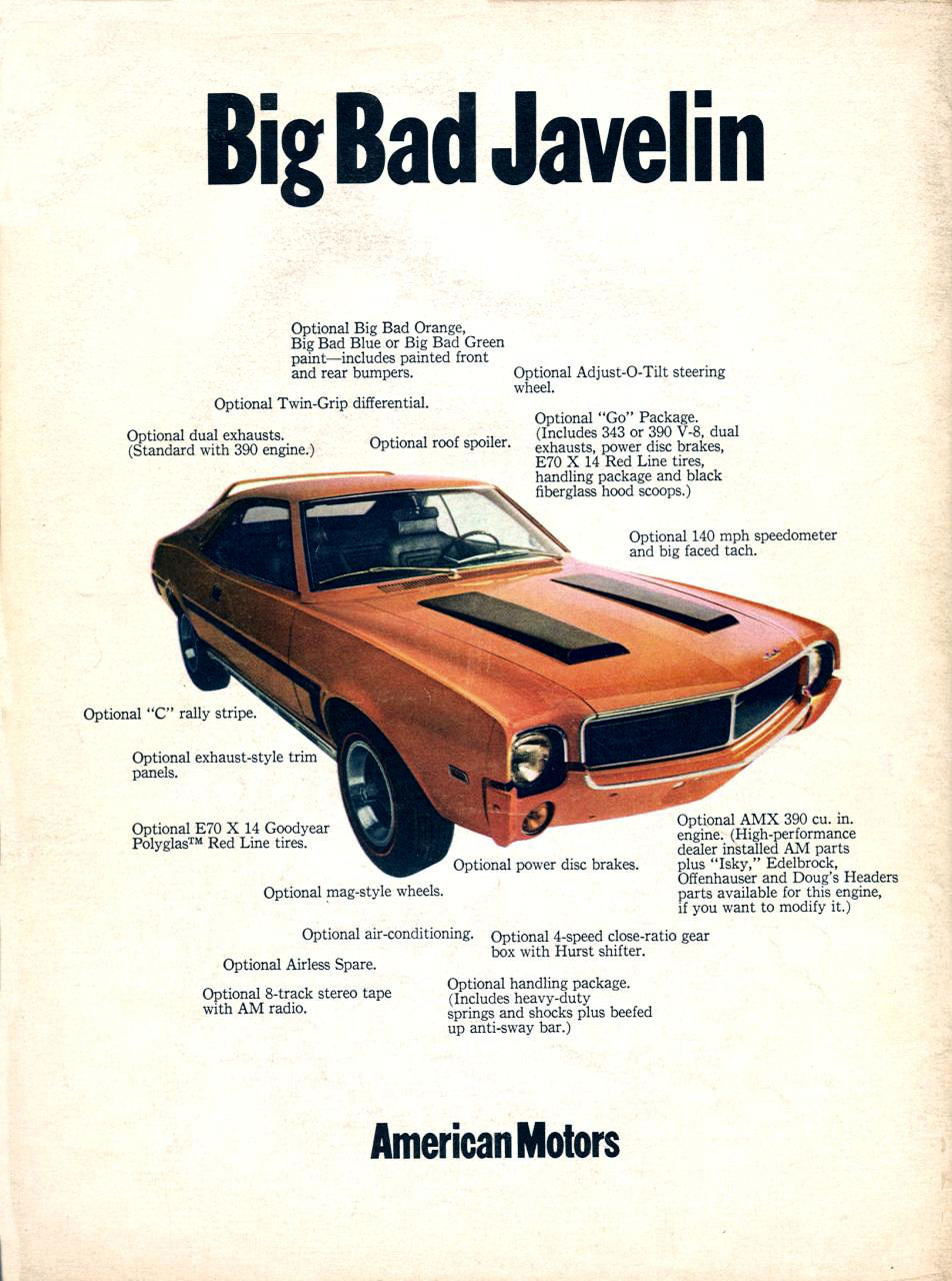 Advertisement showing an orange 1969 Javelin with hood scoops, labelled with its optional equipment: Big Bad paint, Go Package, C-stripe, wheels