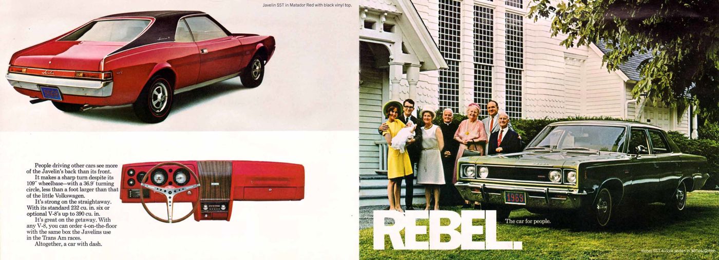 Brochure spread with a red 1969 Javelin SST from the rear and its dashboard at left; a Rebel sedan with a family at right