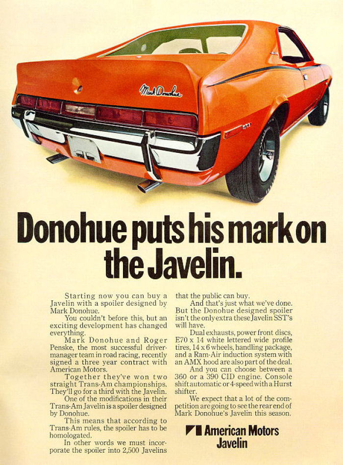 Advertisement showing an orange 1970 Javelin SST from the rear with the Donohue-designed ducktail spoiler