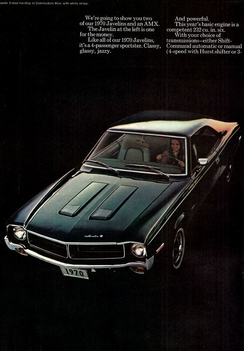 Brochure page showing a black 1970 AMC Javelin with the 1970 twin-scoop hood and new grille, driver at the wheel