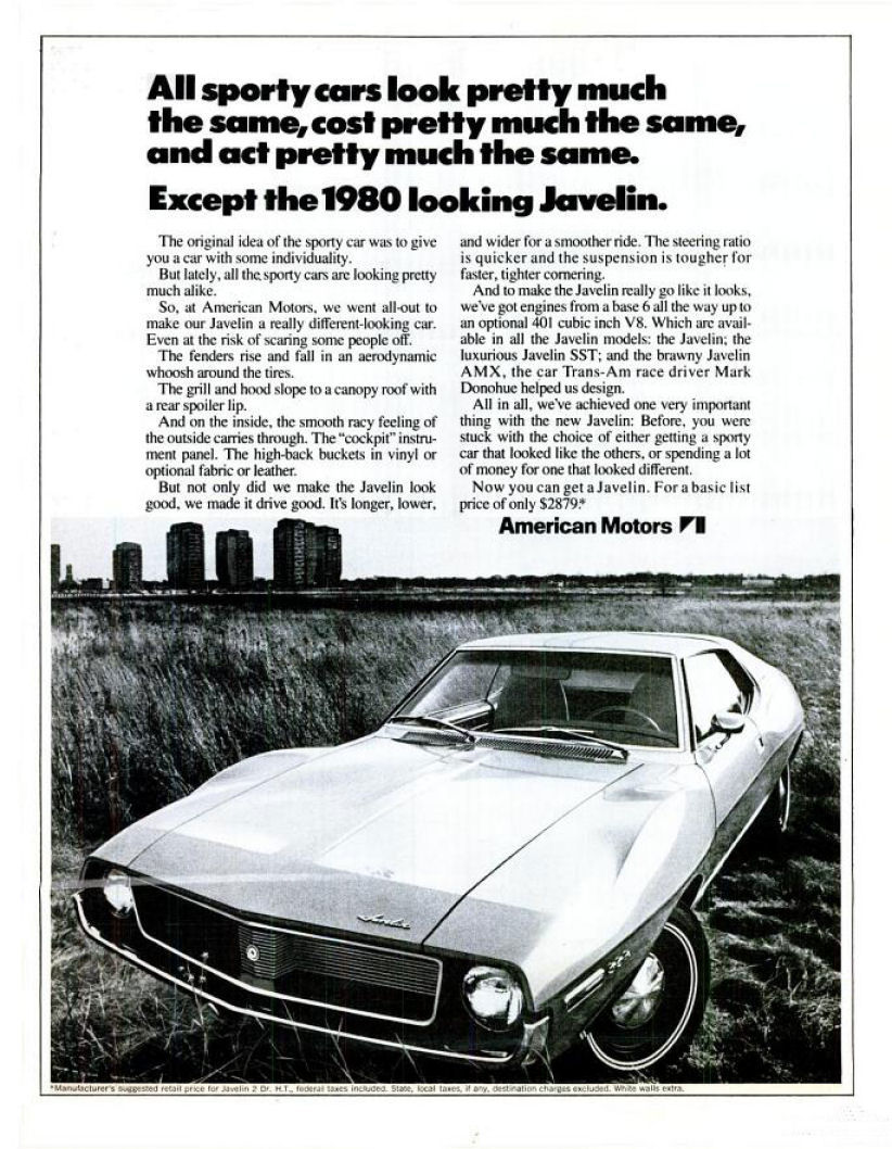 Black-and-white advertisement introducing the redesigned 1971 Javelin, shown front three-quarter in a field