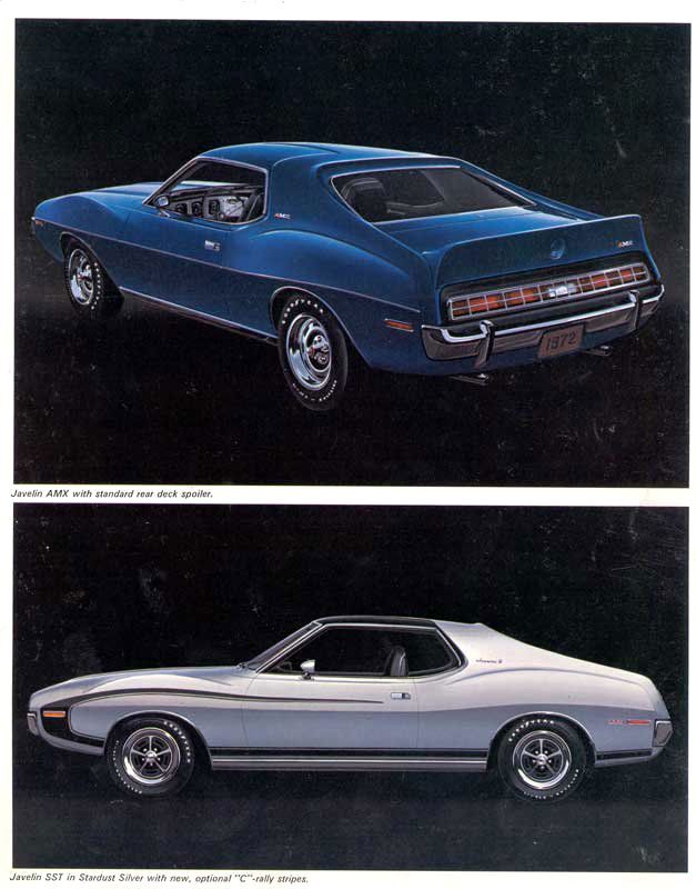 Brochure page with a blue 1972 Javelin AMX from the rear three-quarter and a silver Javelin SST in side view with C stripes