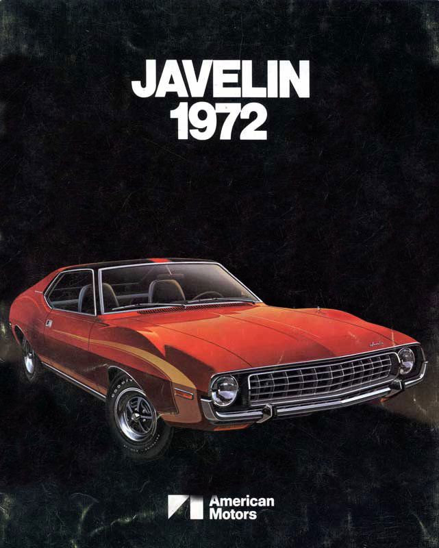 Brochure cover reading "Javelin 1972" with a red 1972 Javelin SST front three-quarter on black