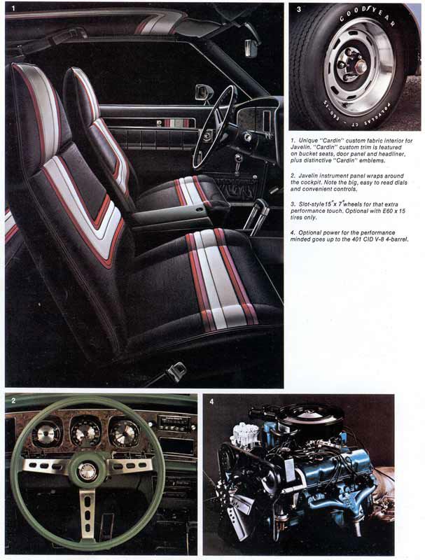 Brochure page with the striped Pierre Cardin interior of a 1973 Javelin, the wraparound instrument panel, a styled wheel and the optional 401 V8