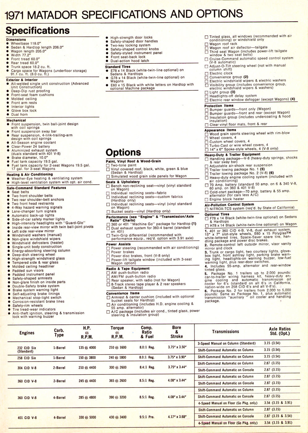 Brochure page titled 1971 Matador Specifications and Options, with the Machine Go package option, its footnote, and the engine and transmission chart