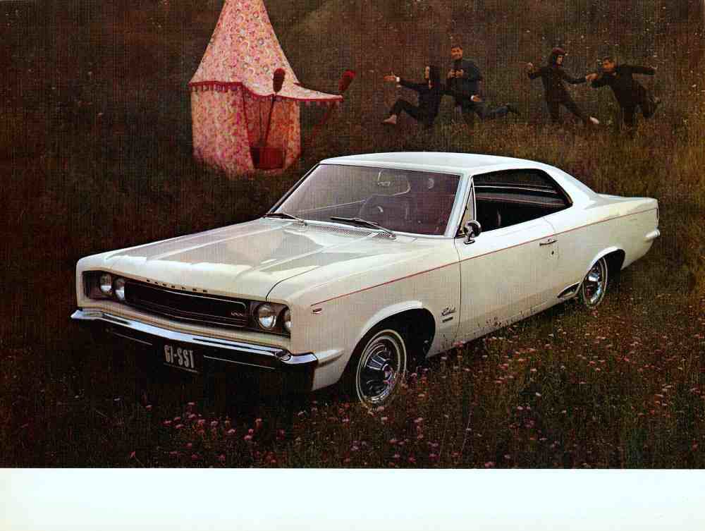 Brochure page with a white 1967 Rambler Rebel SST hardtop in a field, people and a tent behind