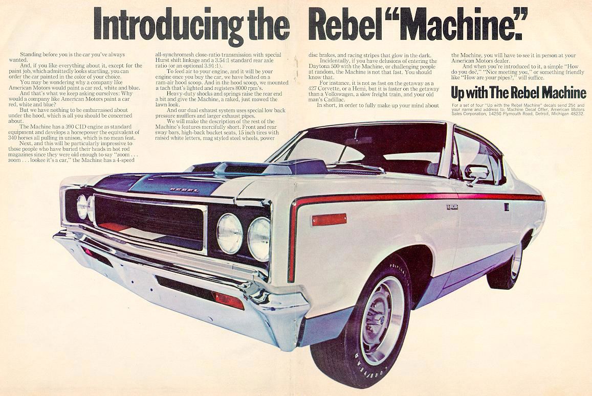 Two-page advertisement with a white Rebel Machine with red, white and blue stripes and the hood-scoop tachometer