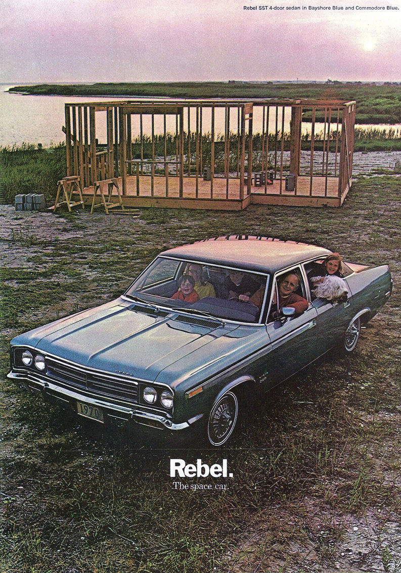 Brochure page with a blue 1970 AMC Rebel SST sedan and a family by a lake