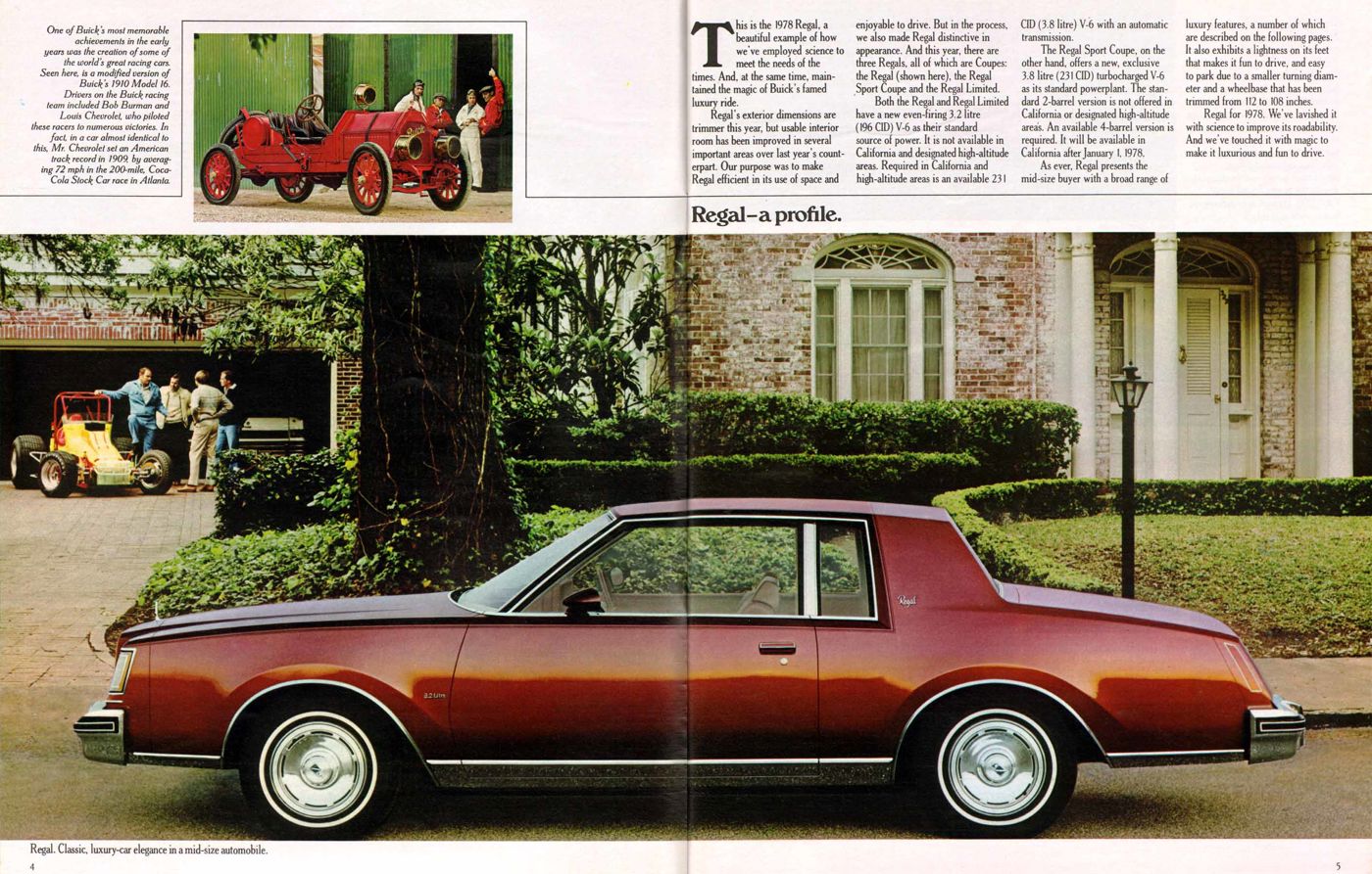 Brochure spread: side view of a copper-colored 1978 Buick Regal coupe parked before a brick house, with a vintage Buick racer inset