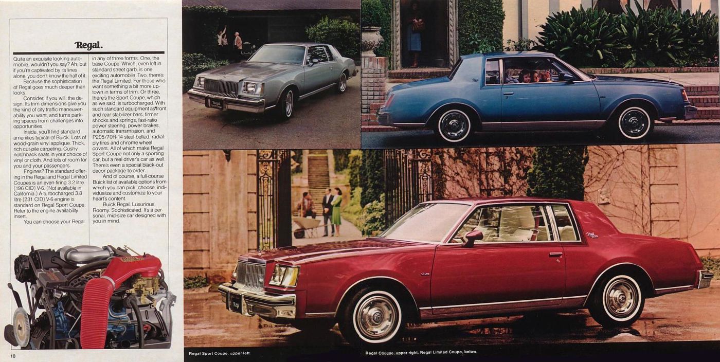 Brochure page showing a silver 1979 Regal Sport Coupe, a blue Regal and a red Regal Limited, with the turbocharged V-6 engine inset