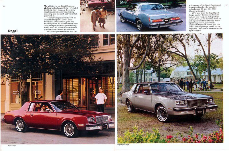Brochure page with a red and a silver 1980 Buick Regal coupe and a blue Regal Sport Coupe