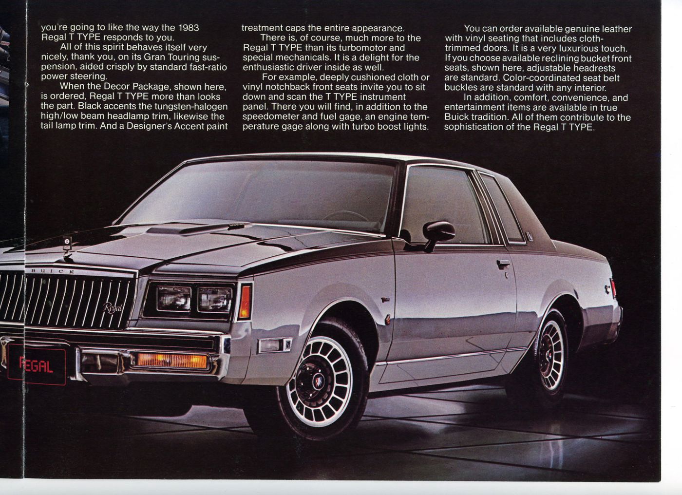Brochure page: silver and charcoal 1983 Buick Regal T Type coupe, front three-quarter, on a dark background