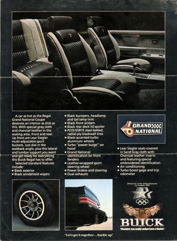 Folder page with the 1984 Grand National's gray-and-black front seats, wheel, spoiler and Grand National emblem, plus an Olympic-sponsor Buick logo