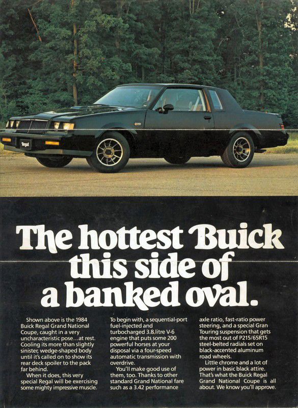 Folder cover: black 1984 Buick Regal Grand National coupe on grass, with the headline "The hottest Buick this side of a banked oval"