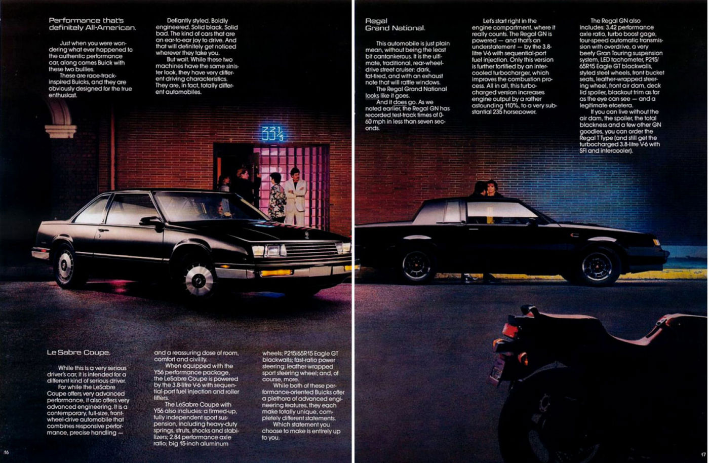 Brochure spread: black 1986 Regal Grand National at night beside a LeSabre coupe, with a motorcycle in the foreground