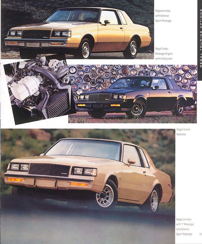 Brochure page with a gold 1987 Regal Limited, the intercooled turbo engine, and a black 1987 Regal Grand National