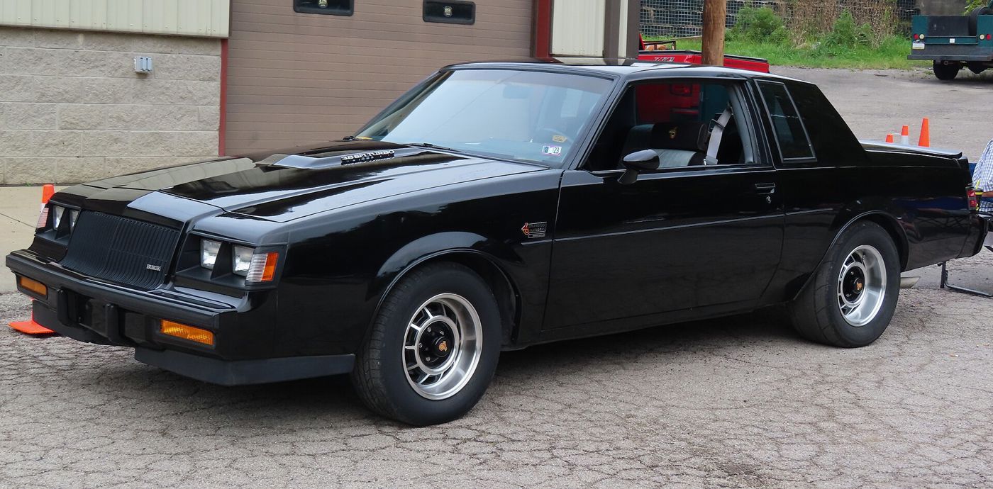 Black 1987 Buick Regal Grand National coupe, front three-quarter, in a parking lot