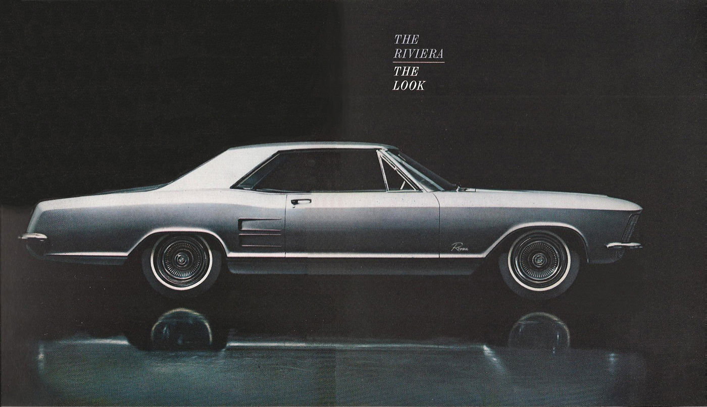 Brochure spread: full side profile of a silver 1963 Buick Riviera hardtop on a black background