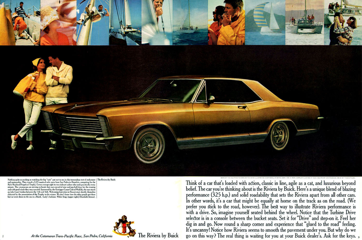 Brochure spread: bronze 1965 Buick Riviera hardtop in side view with a couple at a yacht race