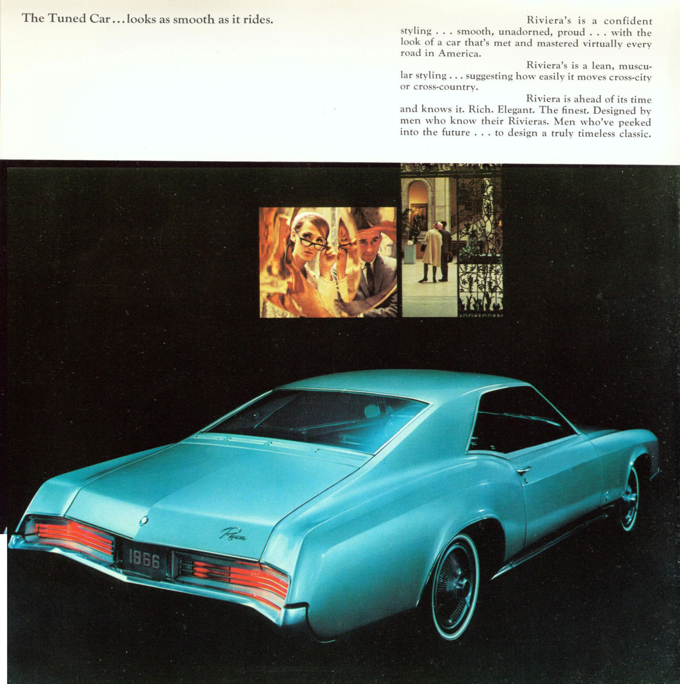 Brochure page: turquoise 1966 Riviera from the rear three-quarter, showing the full-width taillamps