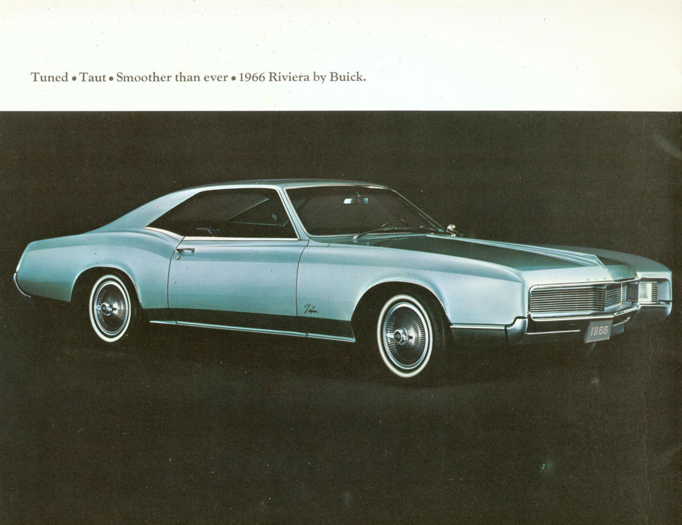 Brochure page: silver-blue 1966 Buick Riviera hardtop, front three-quarter, headline "Tuned, Taut, Smoother than ever"