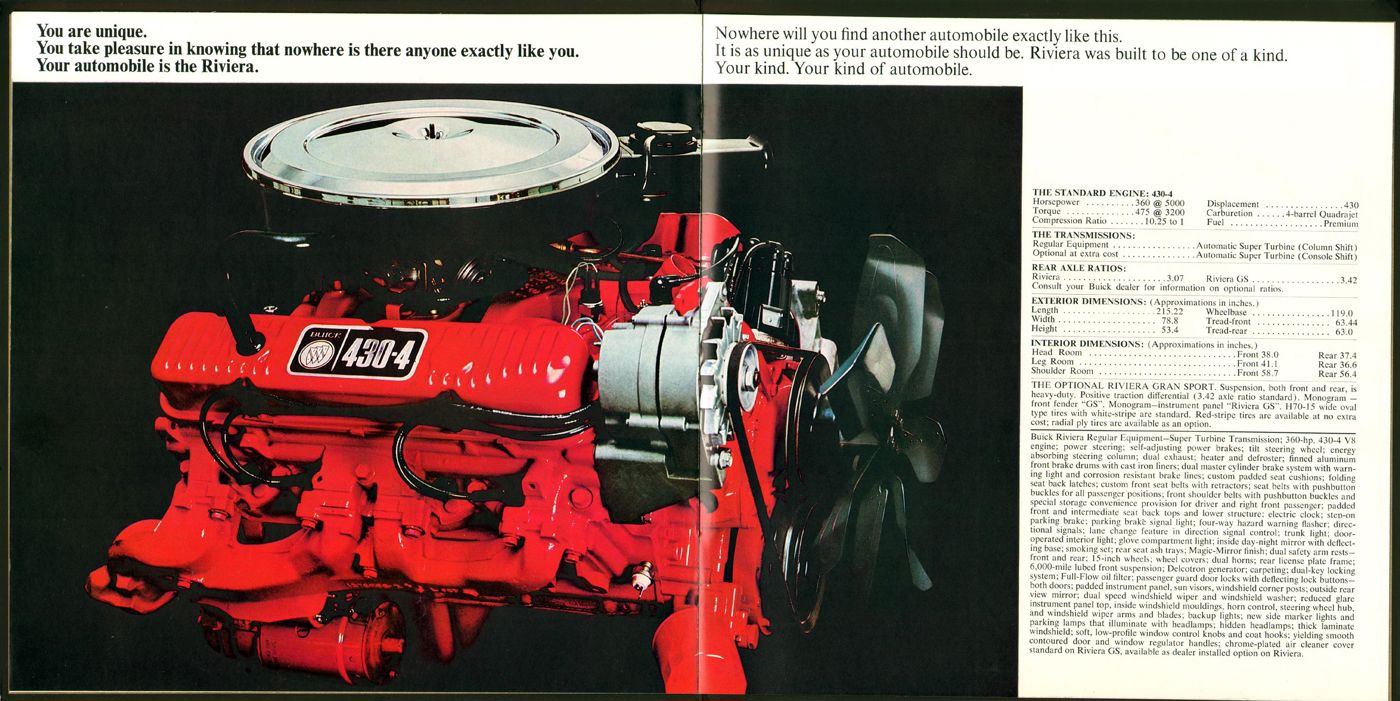 Brochure spread: red 430-cubic-inch Buick V-8 engine with a specifications table