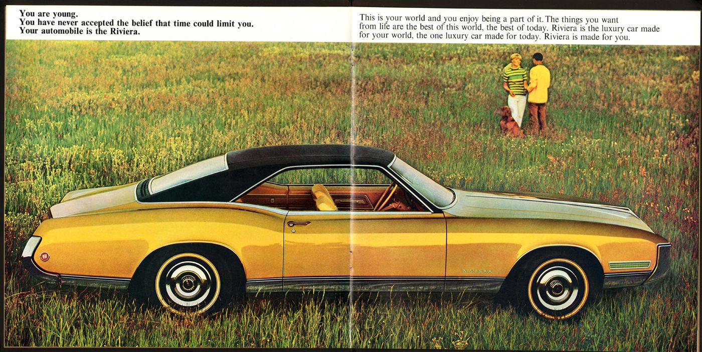 Brochure spread: gold 1968 Buick Riviera with black vinyl top in side view in a grassy field