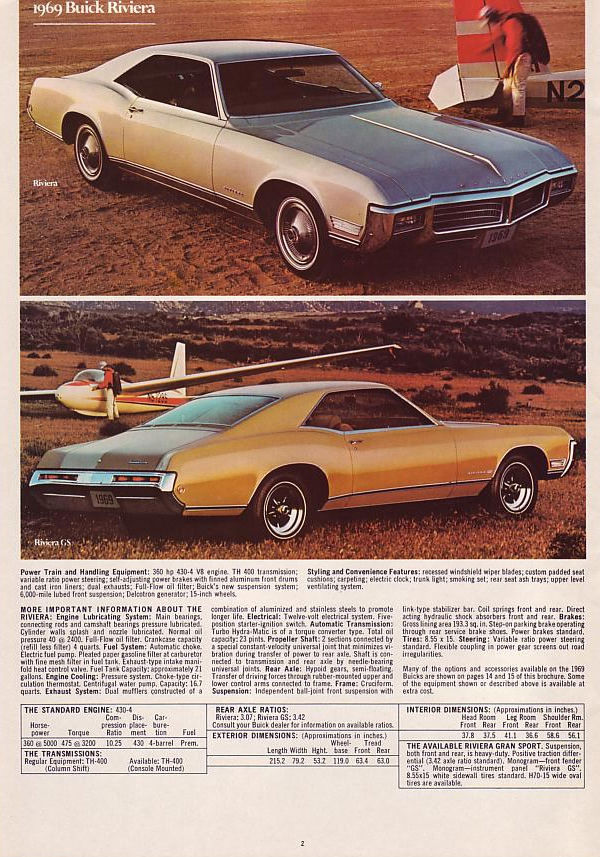Brochure page with a silver 1969 Riviera and a gold Riviera GS, plus specifications