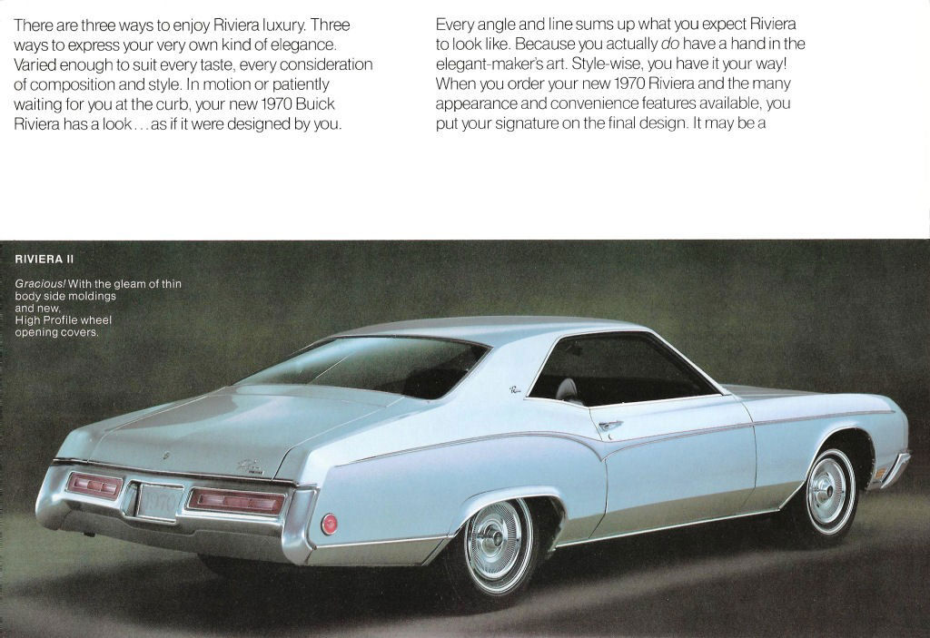 Folder page: light-blue 1970 Riviera from the rear three-quarter with fender skirts