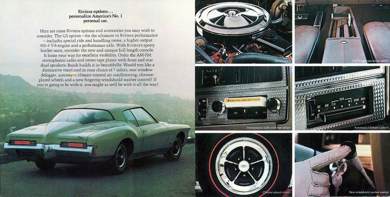 Brochure page: green 1971 Riviera boattail rear view with option photos (455 engine, console, stereo, wheels)