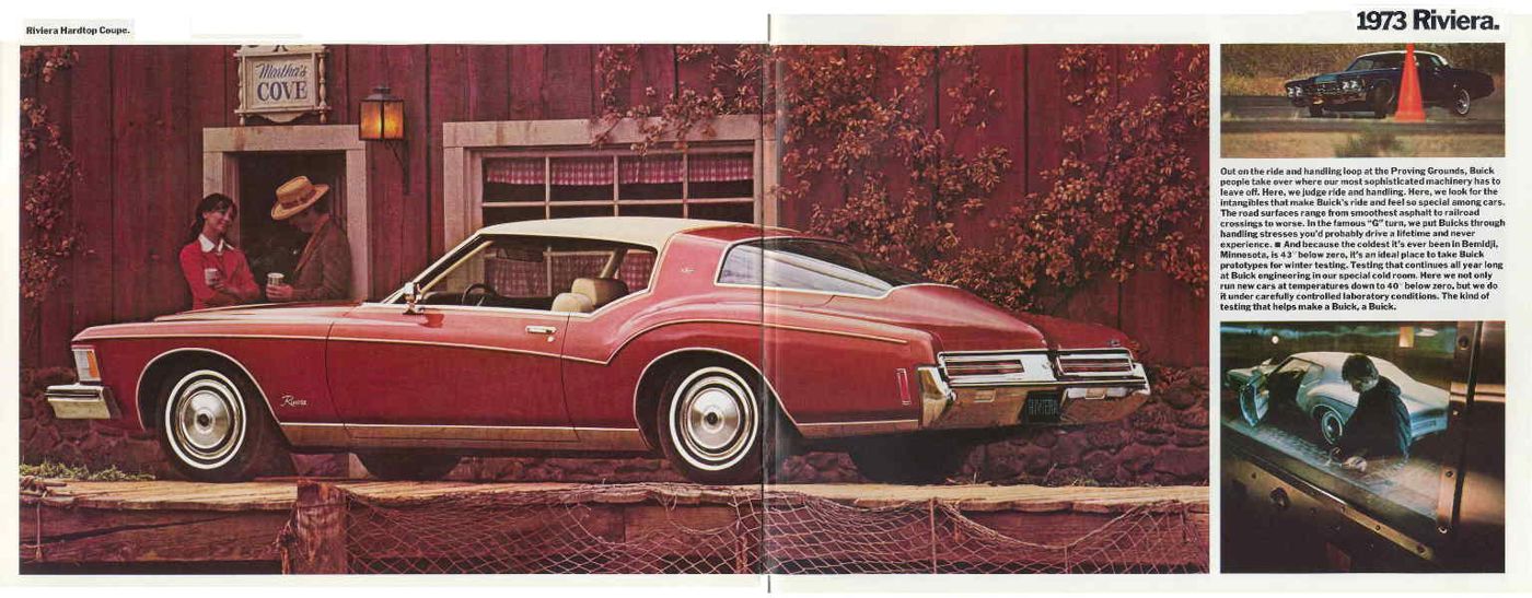 Brochure spread: red 1973 Riviera with white vinyl top in side view outside a country inn