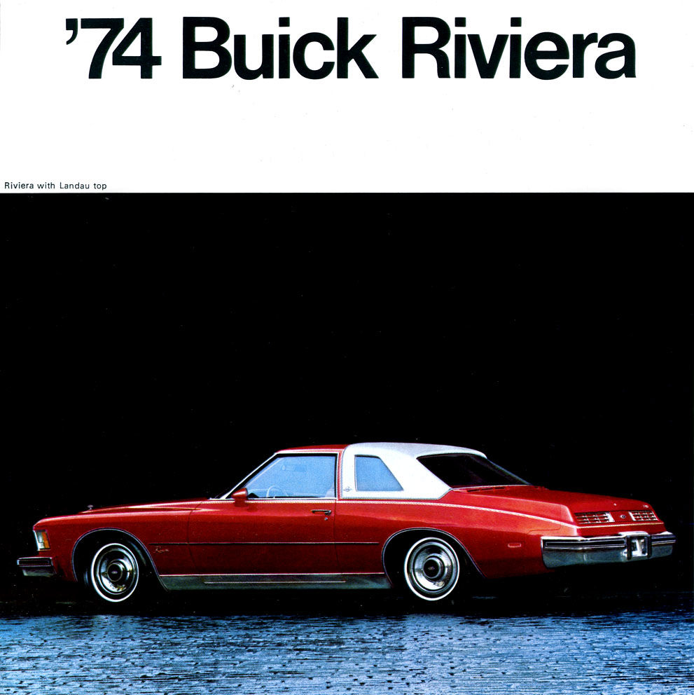 Folder cover: red 1974 Buick Riviera with white Landau top in side view, headed "'74 Buick Riviera"