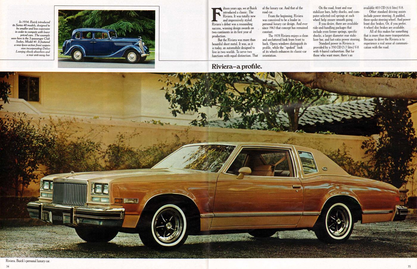 Brochure spread: two-tone gold 1978 Riviera coupe, front three-quarter, with a 1934 Buick inset